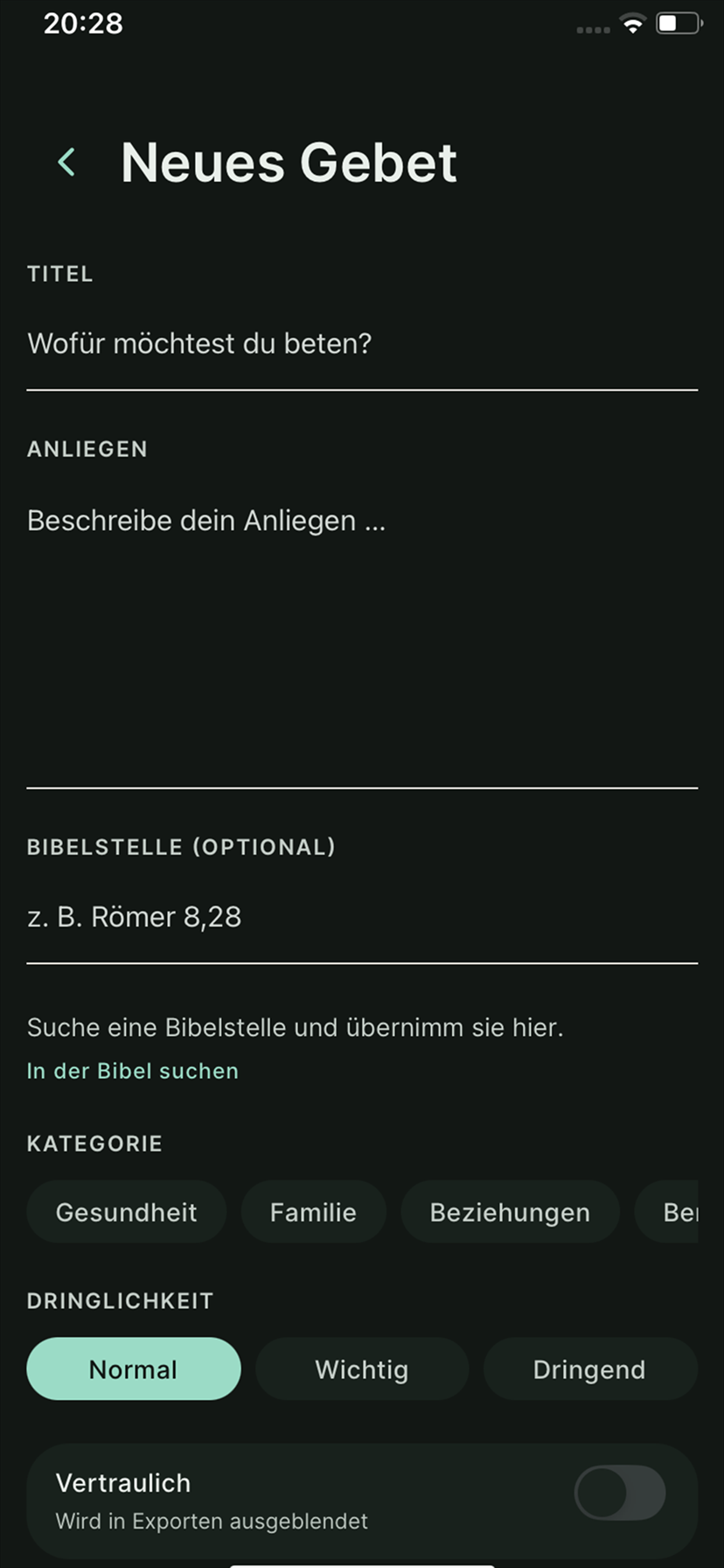 Solmity: Neues Gebet anlegen