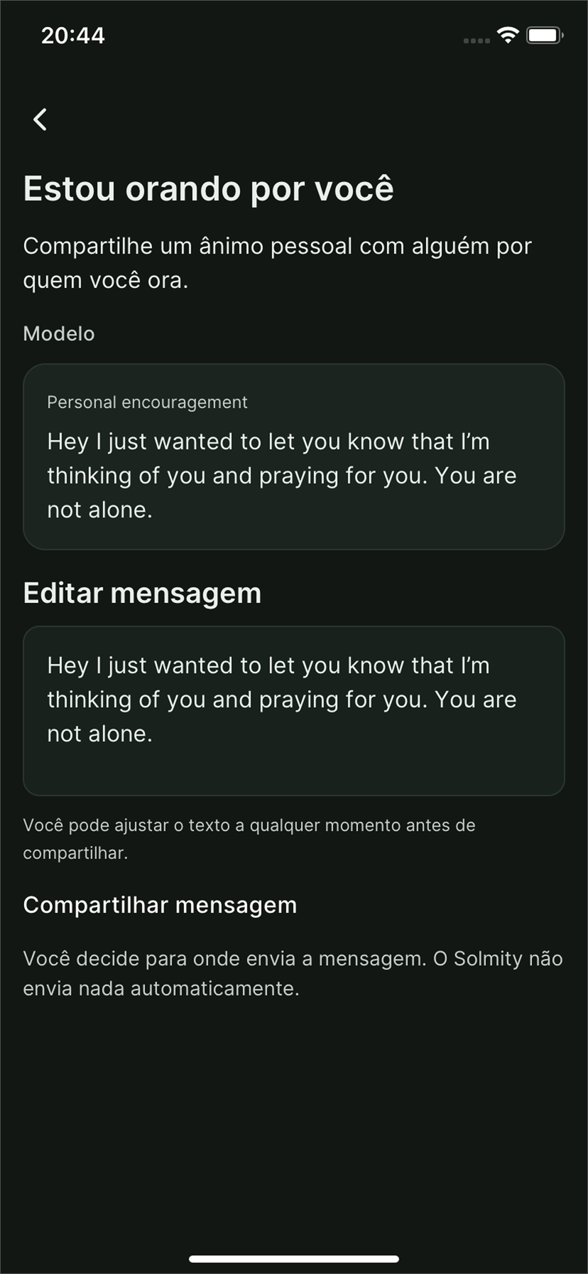 Solmity: mensagem Estou orando por você